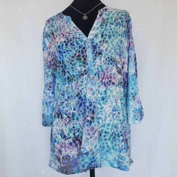 C&A Canda Premium Blue Green Blouse Sheer Lightweight Colorful 3/4 sleeves tab - Picture 1 of 15